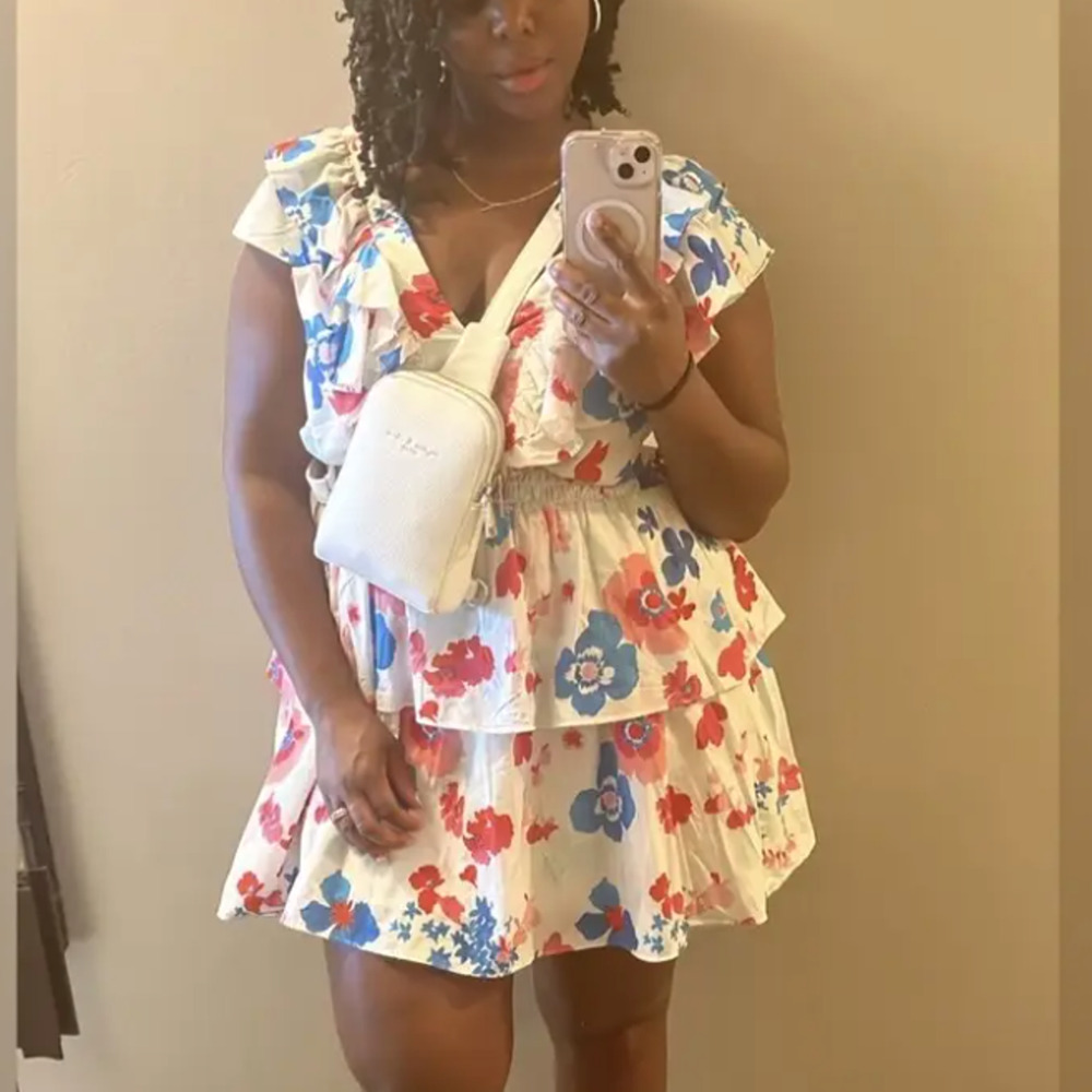 Peter Som Red White Blue Mini Dress SIZE 14 Cotton Ruffle Cottage Designer $355 - Picture 6 of 16